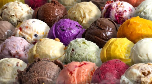 Assorted of scoops ice cream. Colorful set of ice cream of different flavours. side view of ice cream