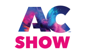 Blue and pink graphic logo of the American Coatings Show and Conference.