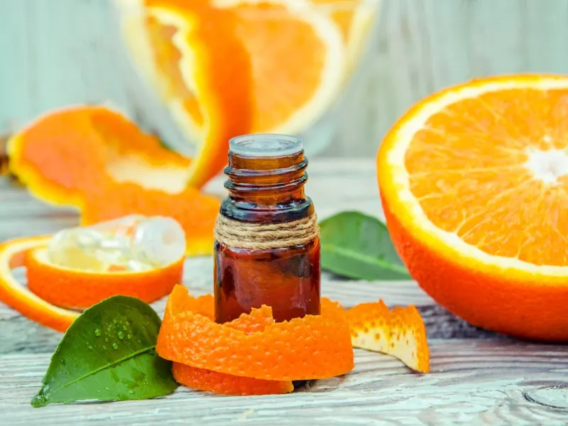 Citrus fragrance in a vial surrounded by sliced oranges. 