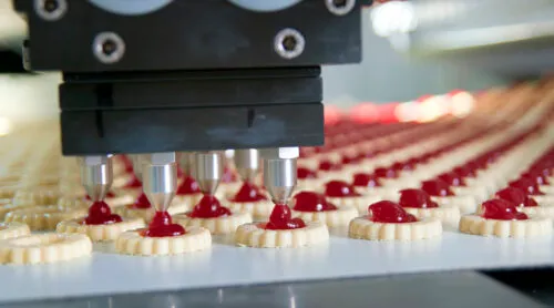 Baked goods near completion on a food industry production line.