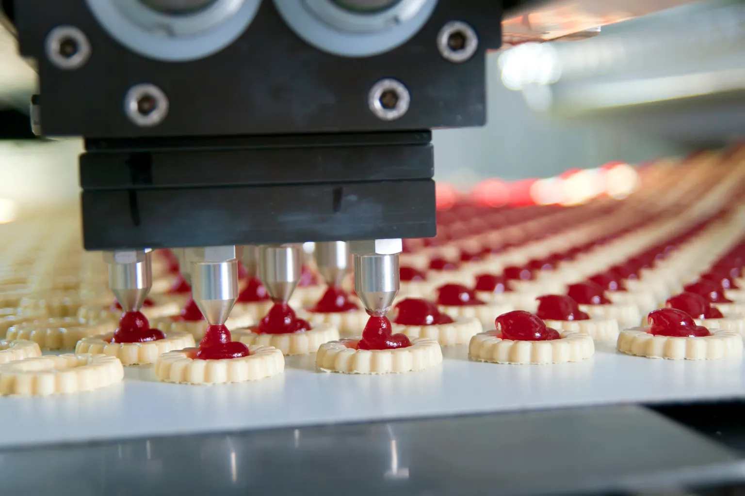 Baked goods near completion on a food industry production line.