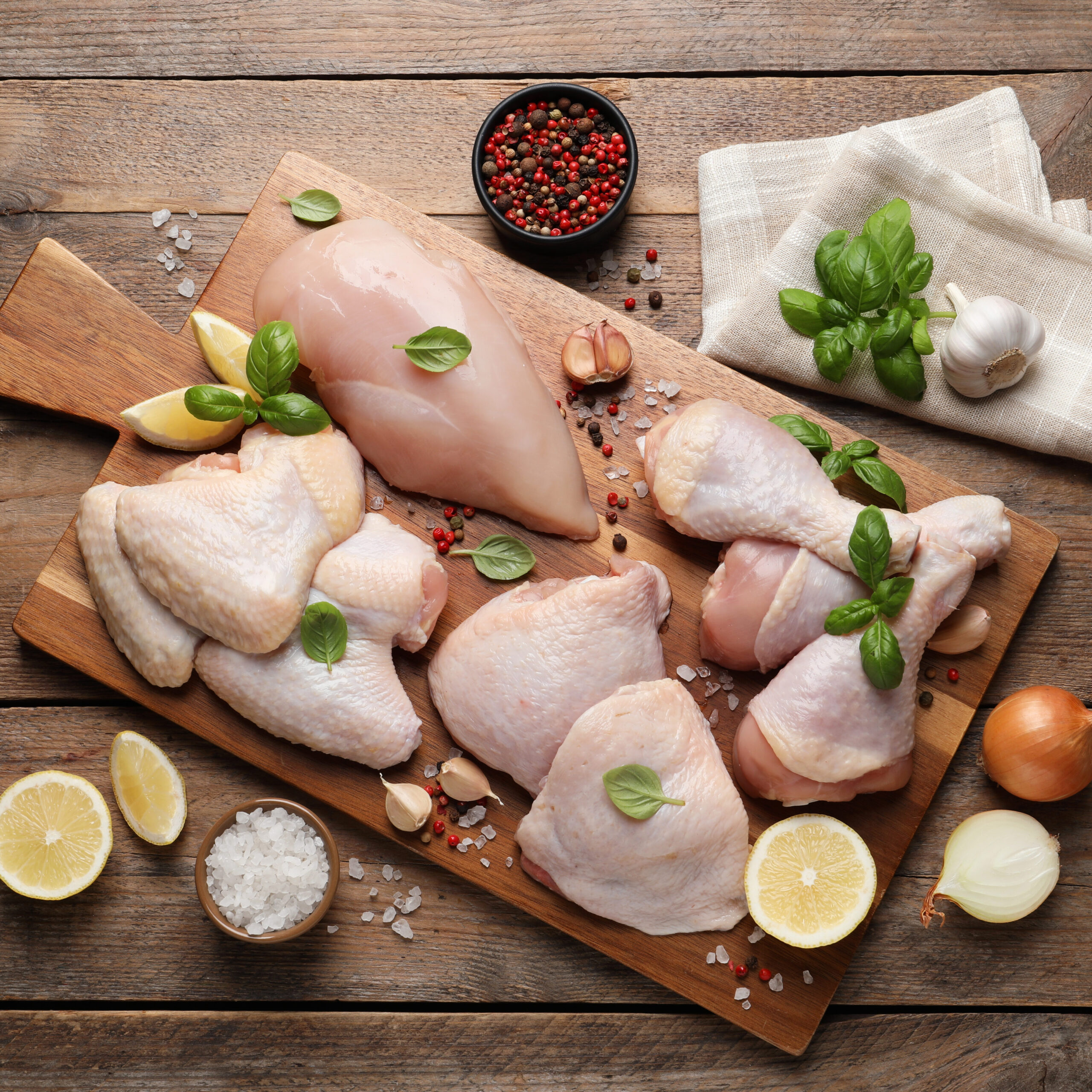 Meat and poultry products on a decorative cutting board.