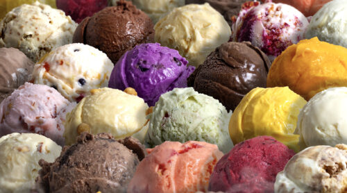 Assorted of scoops ice cream. Colorful set of ice cream of different flavours. side view of ice cream