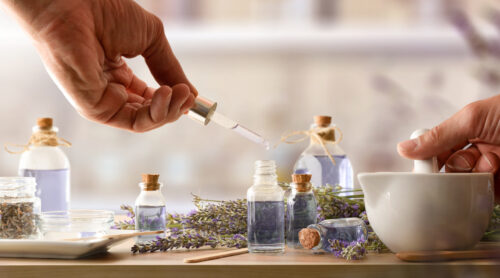 Person making homemade lavender essence with natural lavender spikes, jars and tools for the preparation on wooden table. Front view.