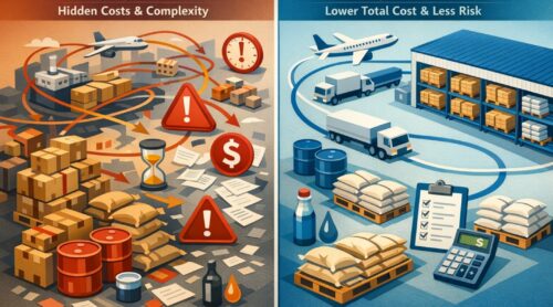 Comparison of buying ingredients direct versus using a strategic distributor, showing higher hidden costs and complexity on the direct side and lower total cost and risk on the distributor side.